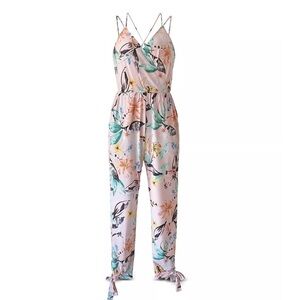 Bcbgeneration Jumpsuit Floral Pink Size S tie ankle Criss Cross Strappy Back